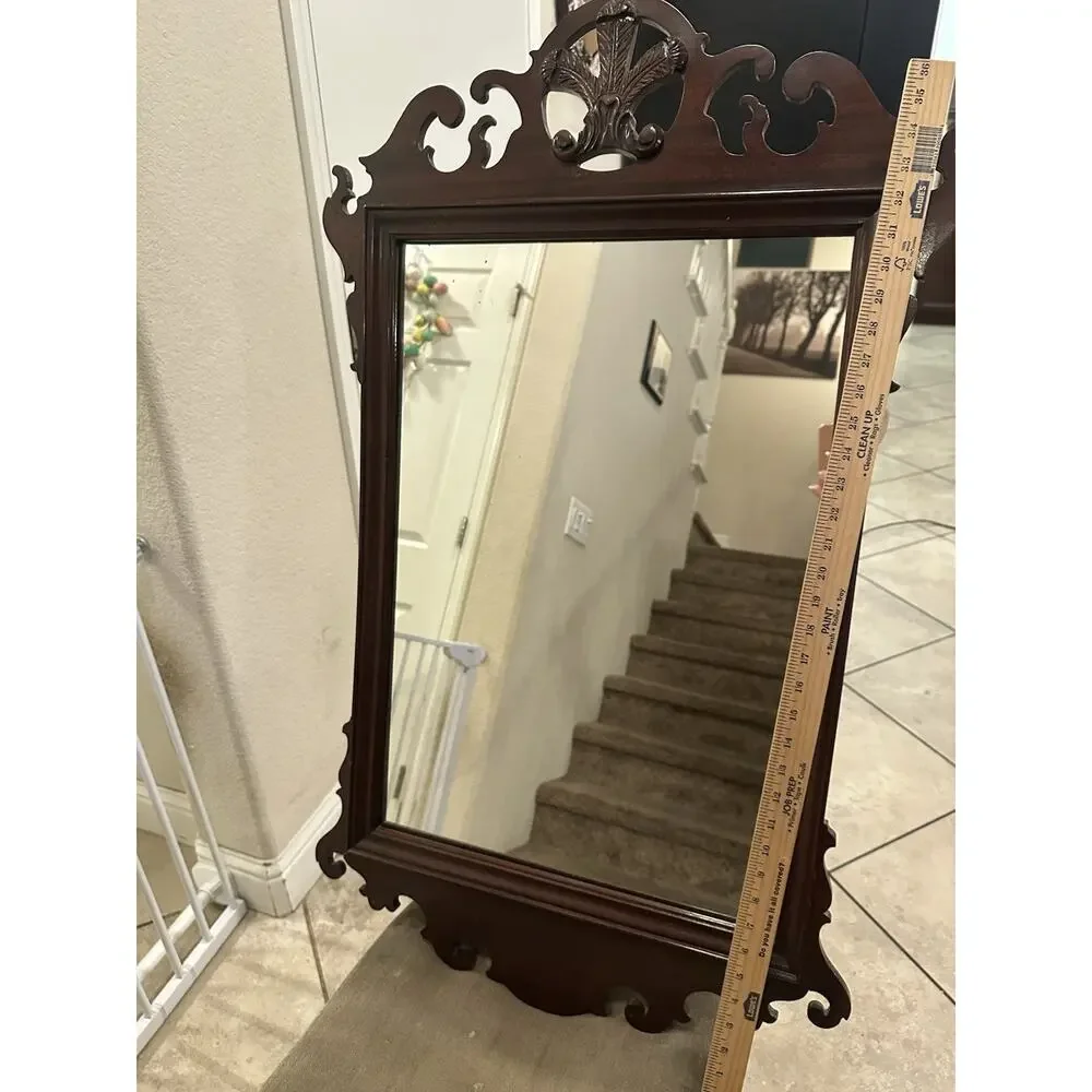 Antique Feather Scroll Mahogany Hall Mirror W/ original 1900s Shipping Tag